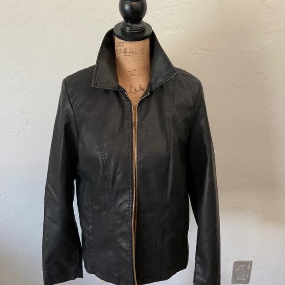 Vintage 90s Black vegan leather jacket Moto zip silver hardware bomber Y2K Small - Picture 1 of 11